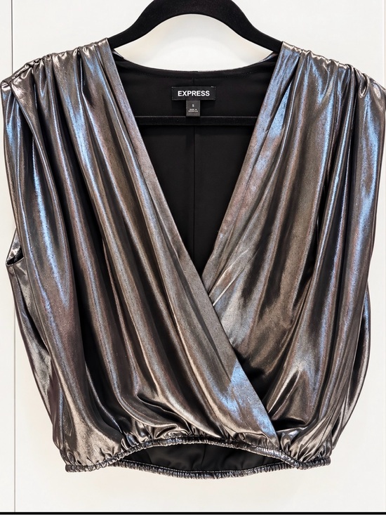Express Tops - Express Metallic Gunmetal Wrap Crop Top